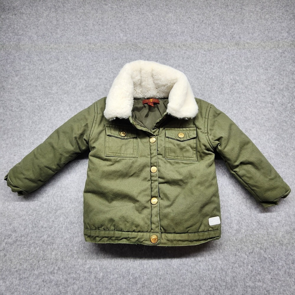 7 For All Mankind Jacket Youth 2T Army Green Faux Fur Collar Snap Front